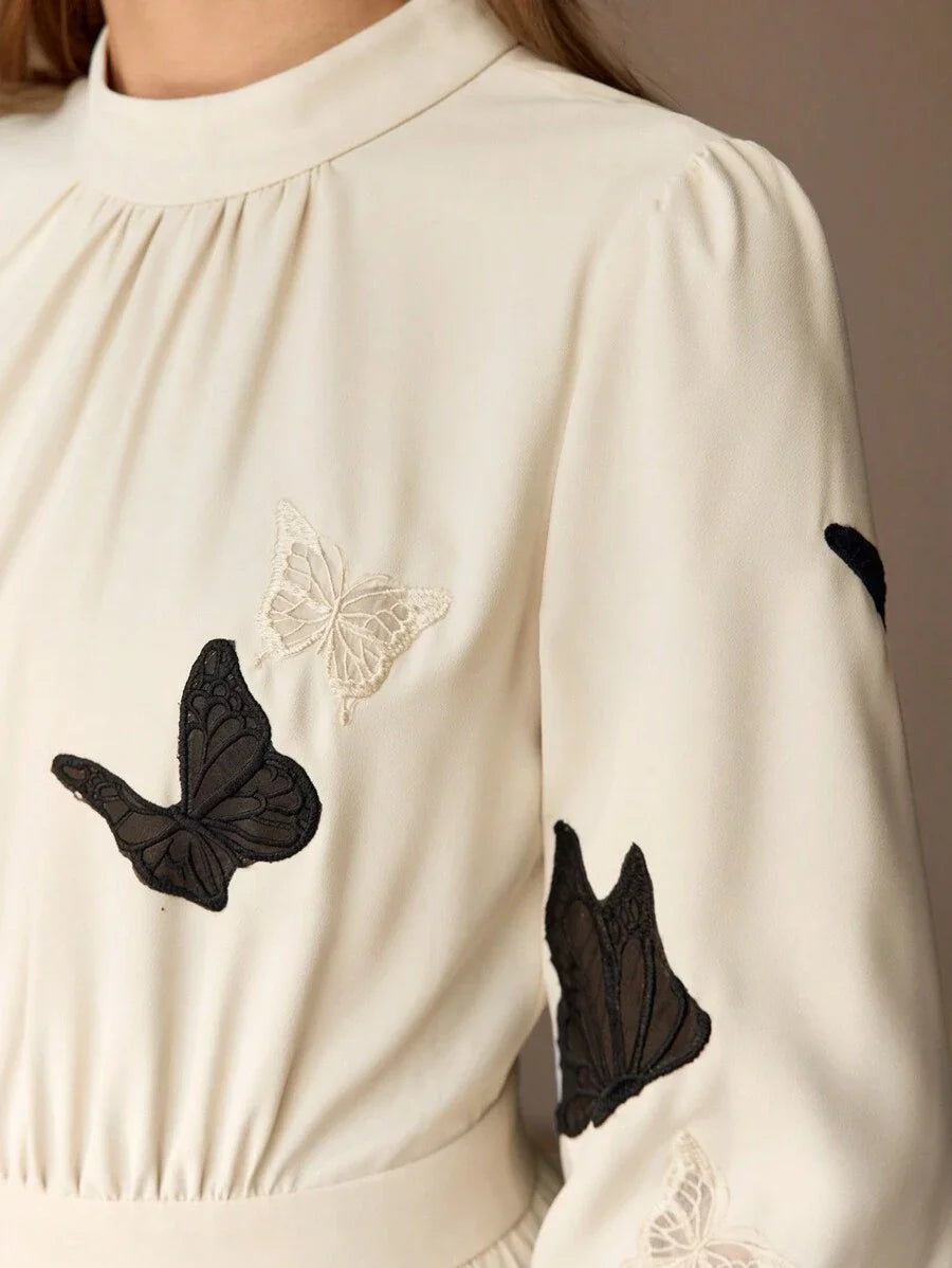 PREMIUM MOCK NECK EMBROIDERY BUTTERFLY PATTERN LONG DRESS