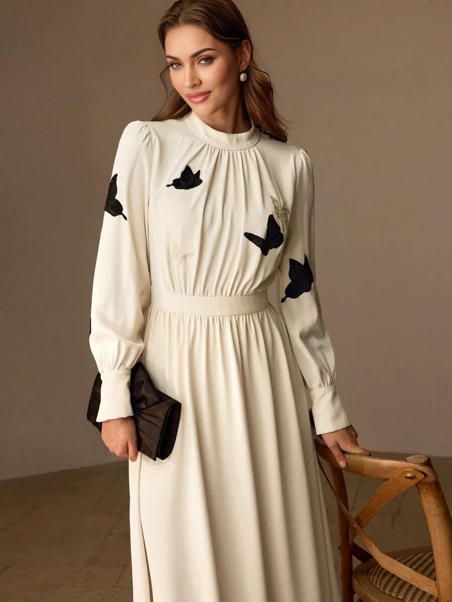 PREMIUM MOCK NECK EMBROIDERY BUTTERFLY PATTERN LONG DRESS