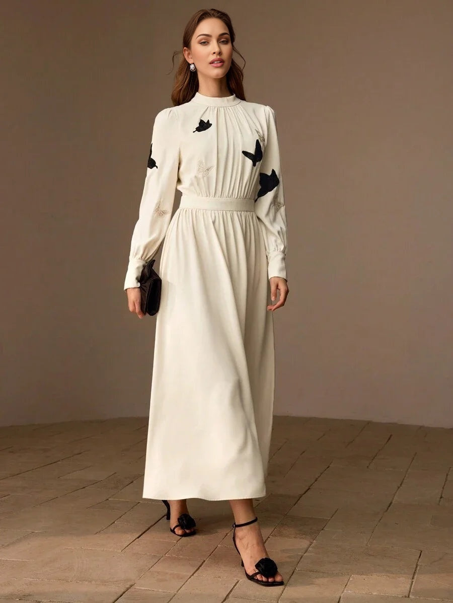 PREMIUM MOCK NECK EMBROIDERY BUTTERFLY PATTERN LONG DRESS