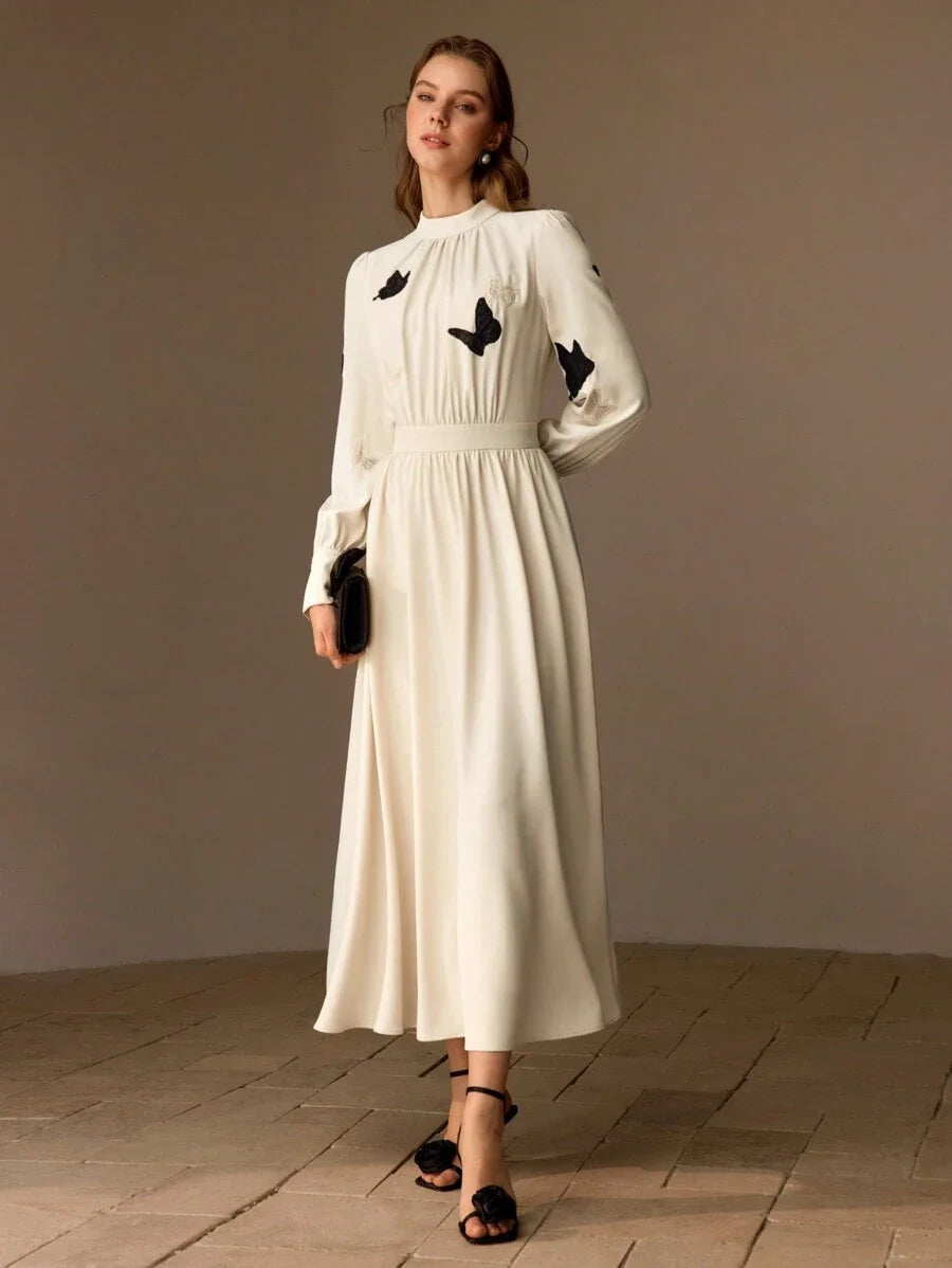 PREMIUM MOCK NECK EMBROIDERY BUTTERFLY PATTERN LONG DRESS