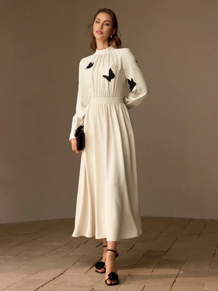 PREMIUM MOCK NECK EMBROIDERY BUTTERFLY PATTERN LONG DRESS