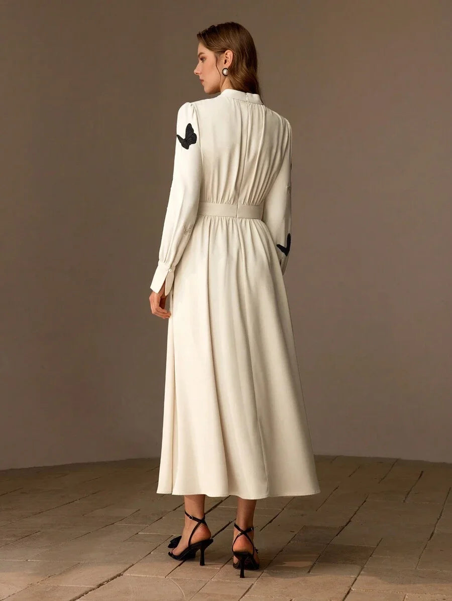 PREMIUM MOCK NECK EMBROIDERY BUTTERFLY PATTERN LONG DRESS