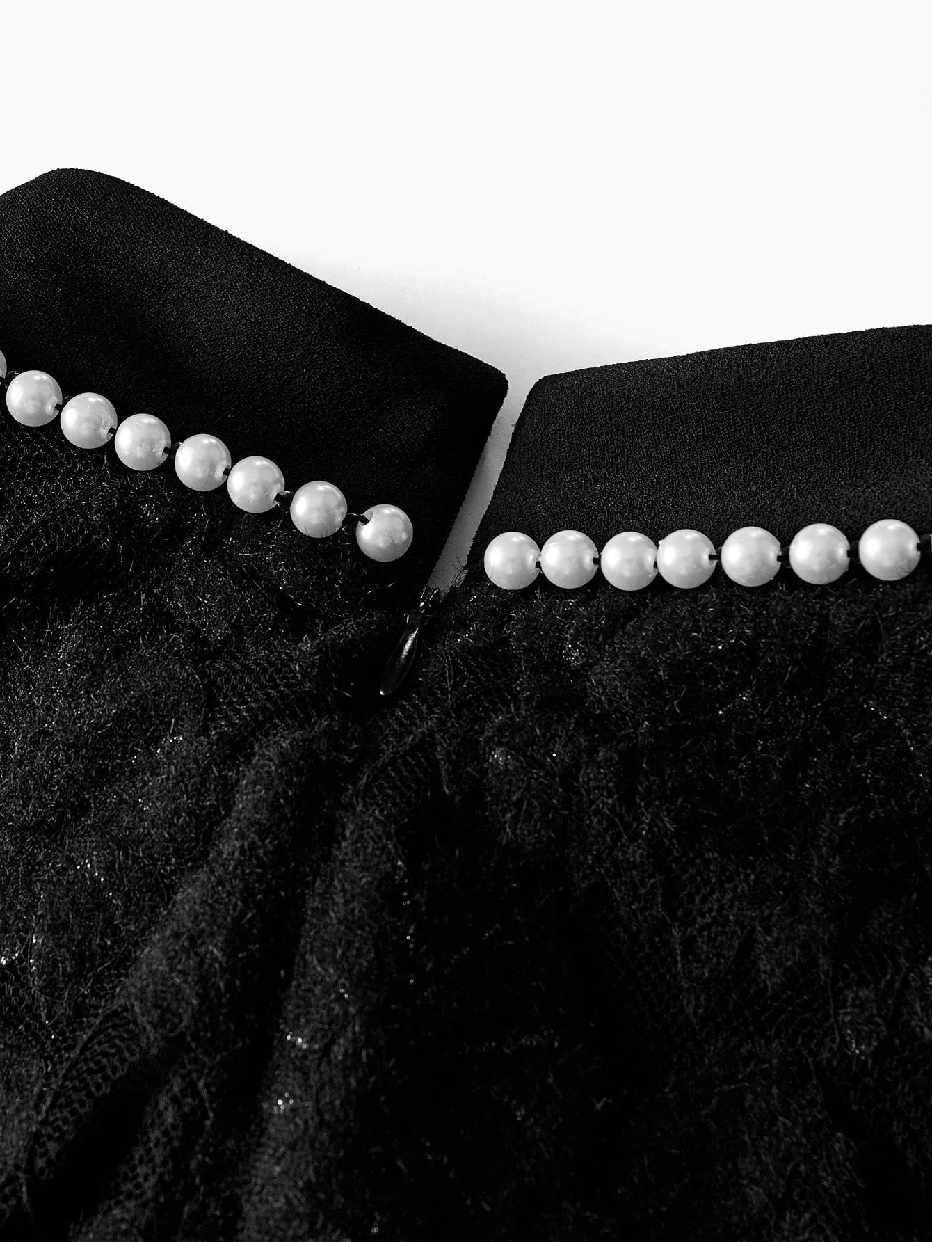 PREMIUM MOCK NECK FAUX PEARL DETAIL LACE BODICE LANTERN SLEEVE SHORT DRESS