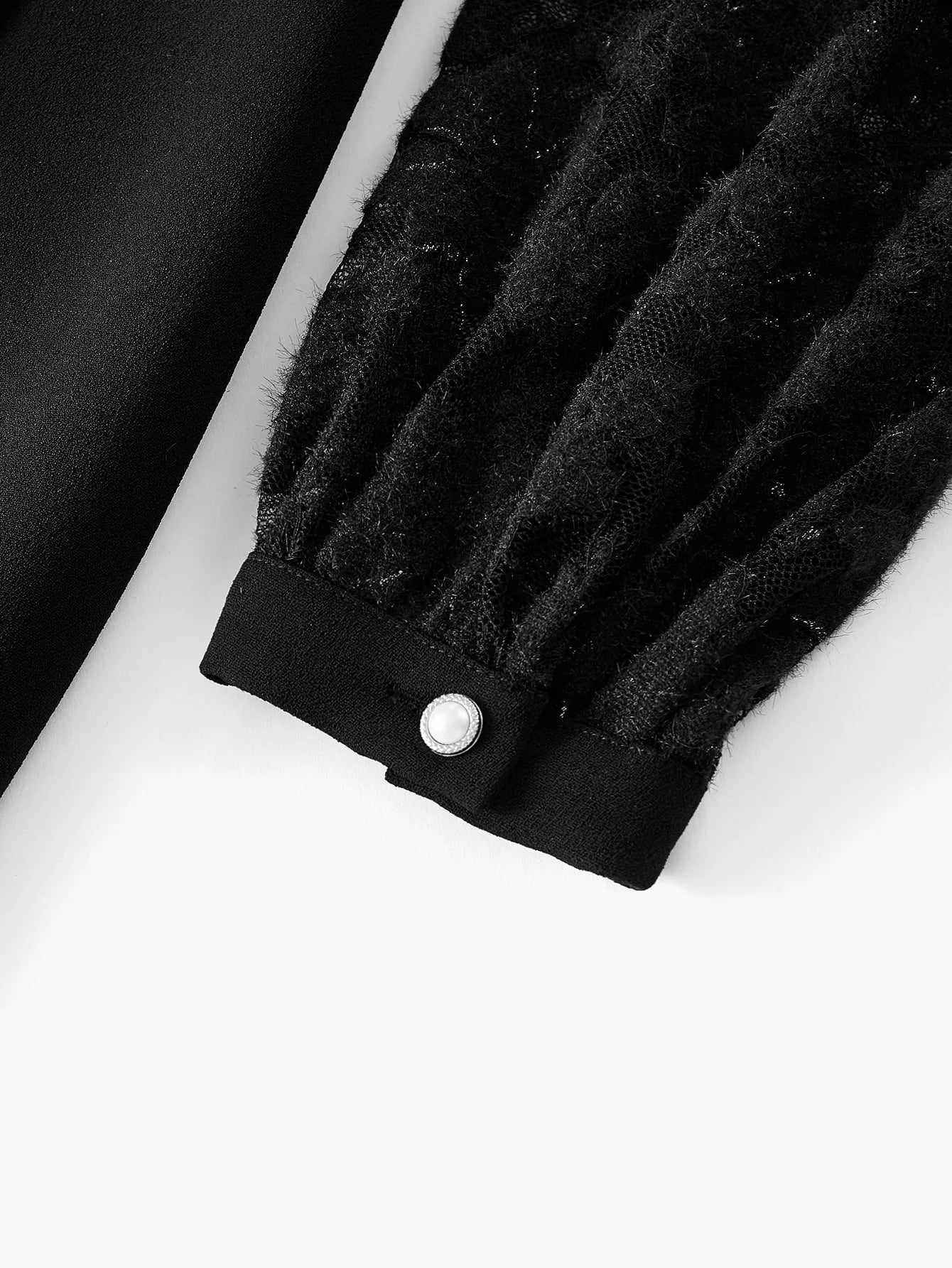 PREMIUM MOCK NECK FAUX PEARL DETAIL LACE BODICE LANTERN SLEEVE SHORT DRESS