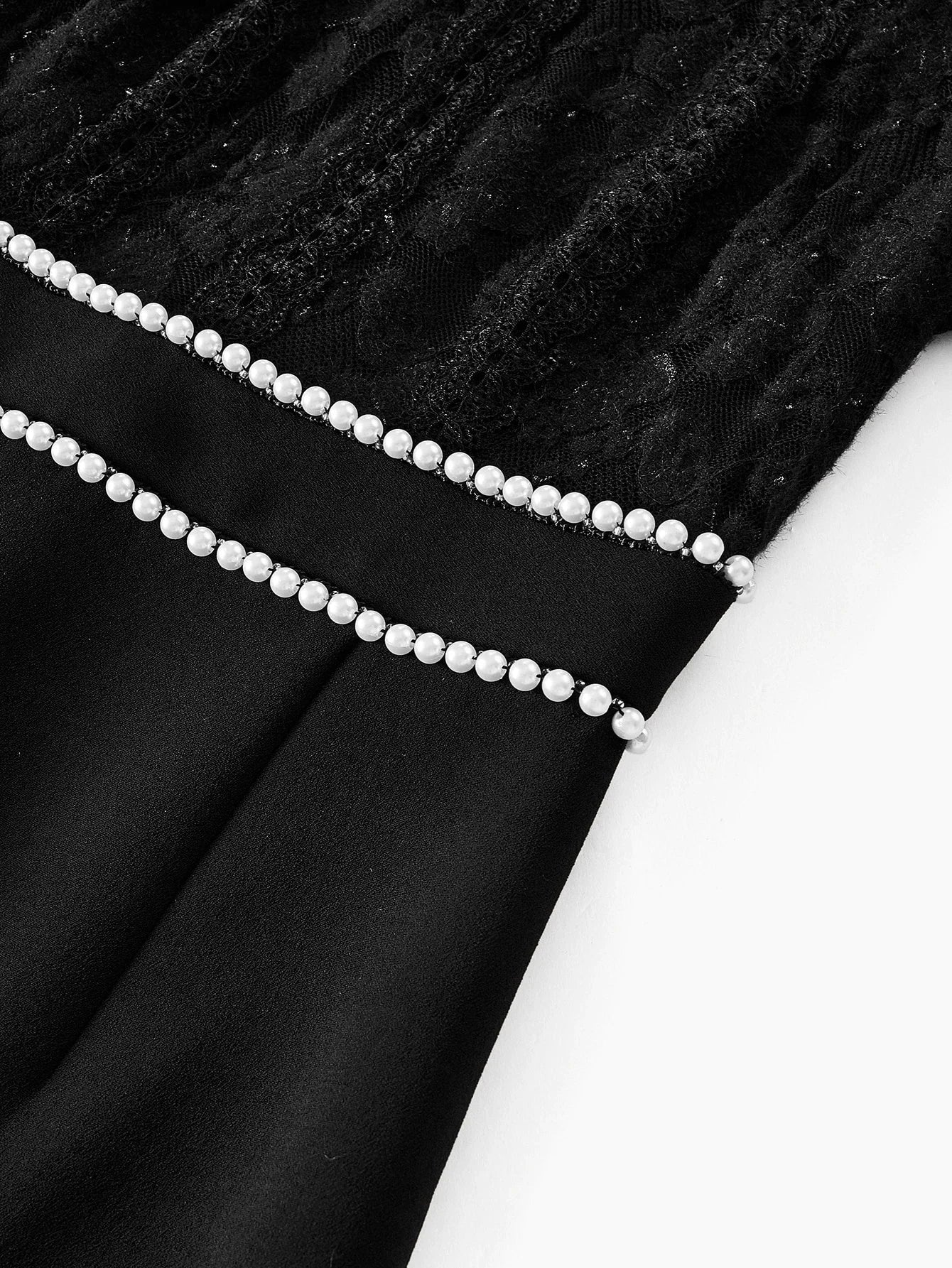 PREMIUM MOCK NECK FAUX PEARL DETAIL LACE BODICE LANTERN SLEEVE SHORT DRESS