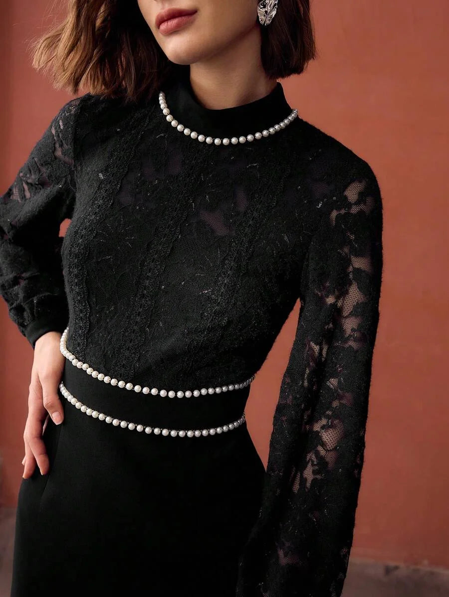 PREMIUM MOCK NECK FAUX PEARL DETAIL LACE BODICE LANTERN SLEEVE SHORT DRESS