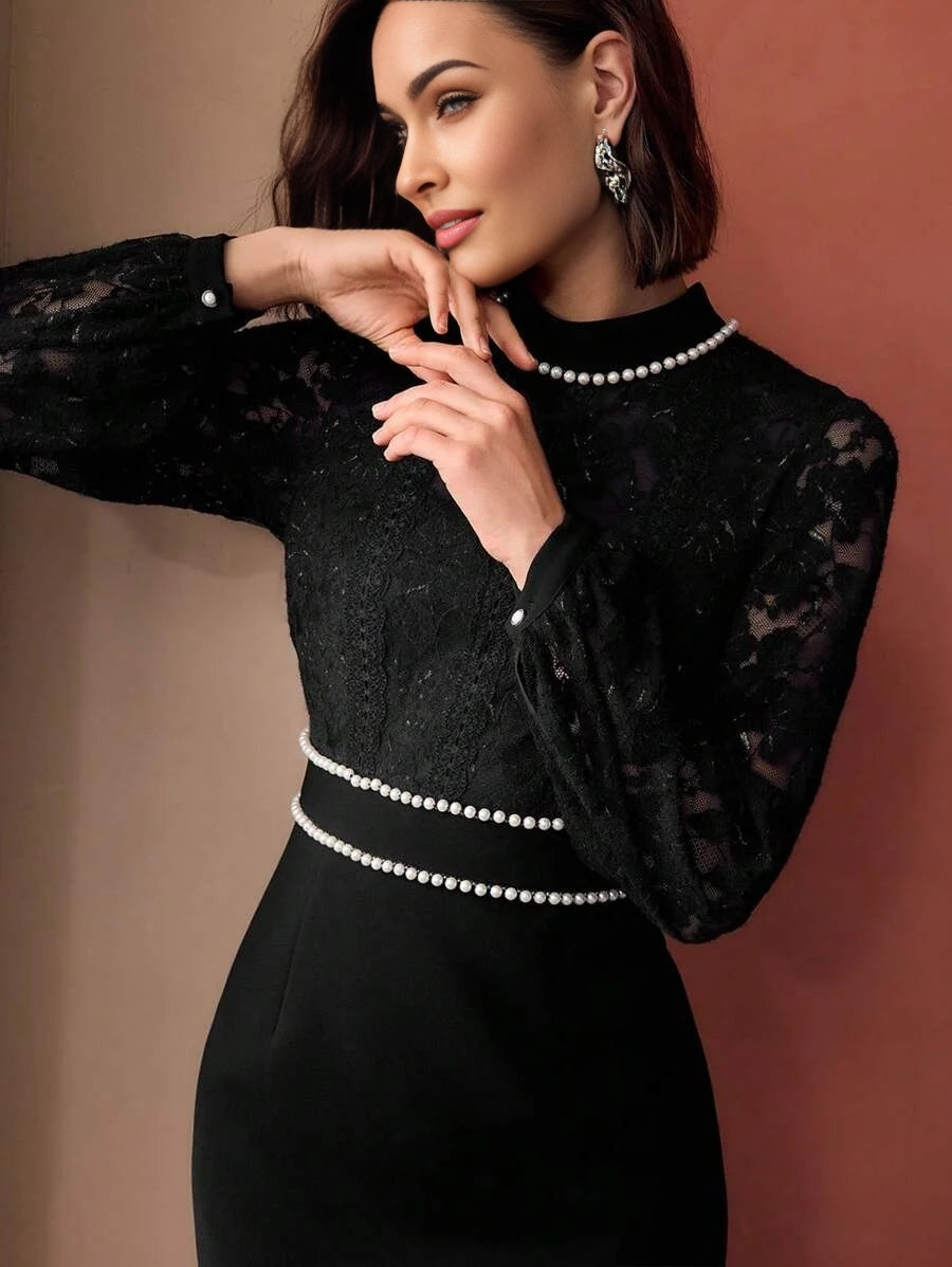 PREMIUM MOCK NECK FAUX PEARL DETAIL LACE BODICE LANTERN SLEEVE SHORT DRESS