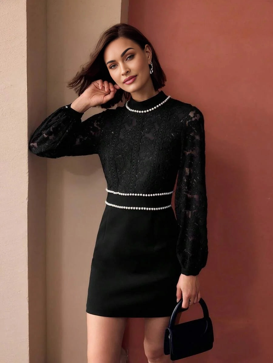 PREMIUM MOCK NECK FAUX PEARL DETAIL LACE BODICE LANTERN SLEEVE SHORT DRESS