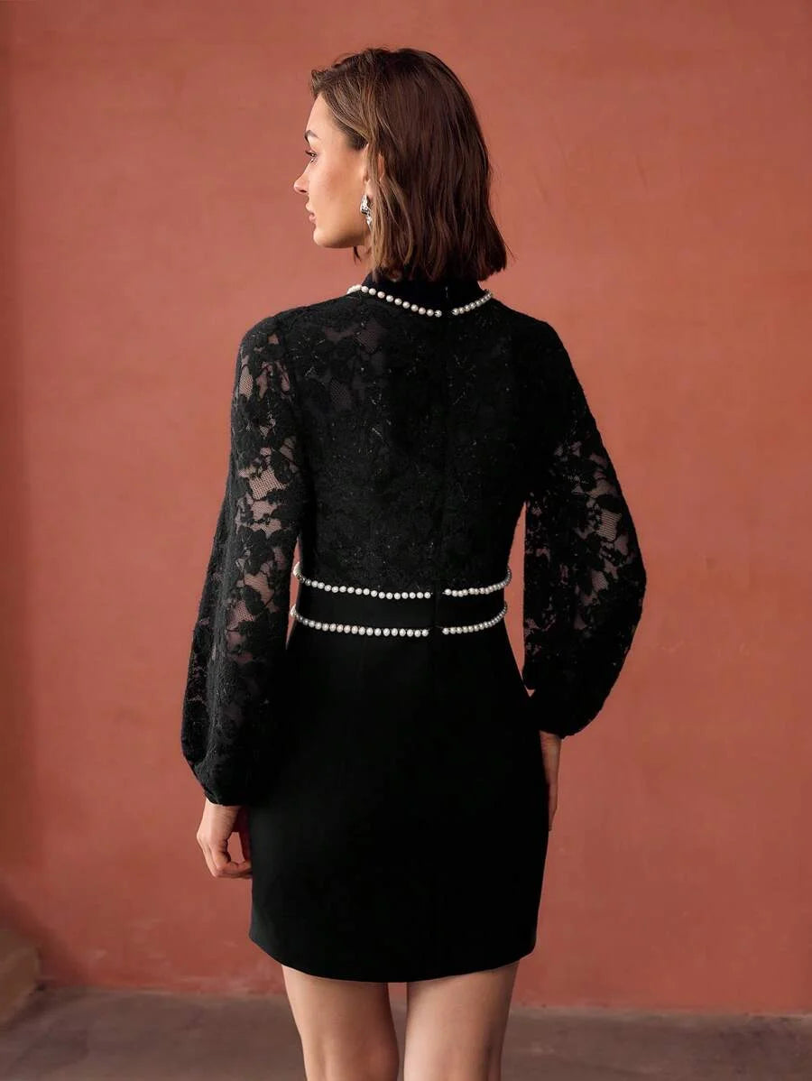 PREMIUM MOCK NECK FAUX PEARL DETAIL LACE BODICE LANTERN SLEEVE SHORT DRESS