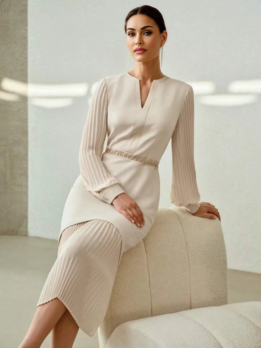 PREMIUM NOTCH NECK PLEATED LANTERN SLEEVE 2 IN 1 DRESS WITHOUT BELT