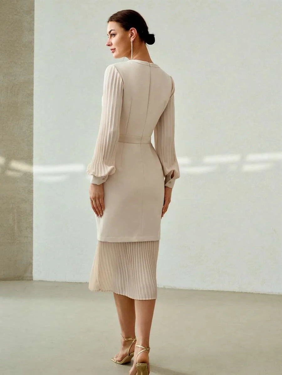PREMIUM NOTCH NECK PLEATED LANTERN SLEEVE 2 IN 1 DRESS WITHOUT BELT
