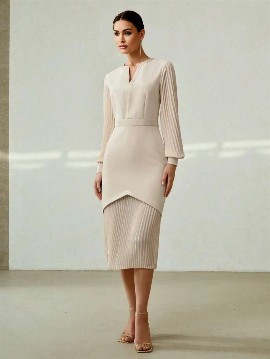 PREMIUM NOTCH NECK PLEATED LANTERN SLEEVE 2 IN 1 DRESS WITHOUT BELT