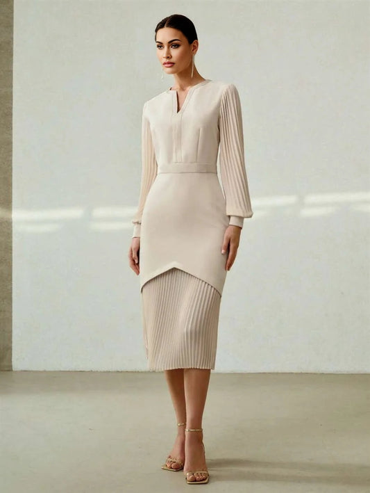 PREMIUM NOTCH NECK PLEATED LANTERN SLEEVE 2 IN 1 DRESS WITHOUT BELT