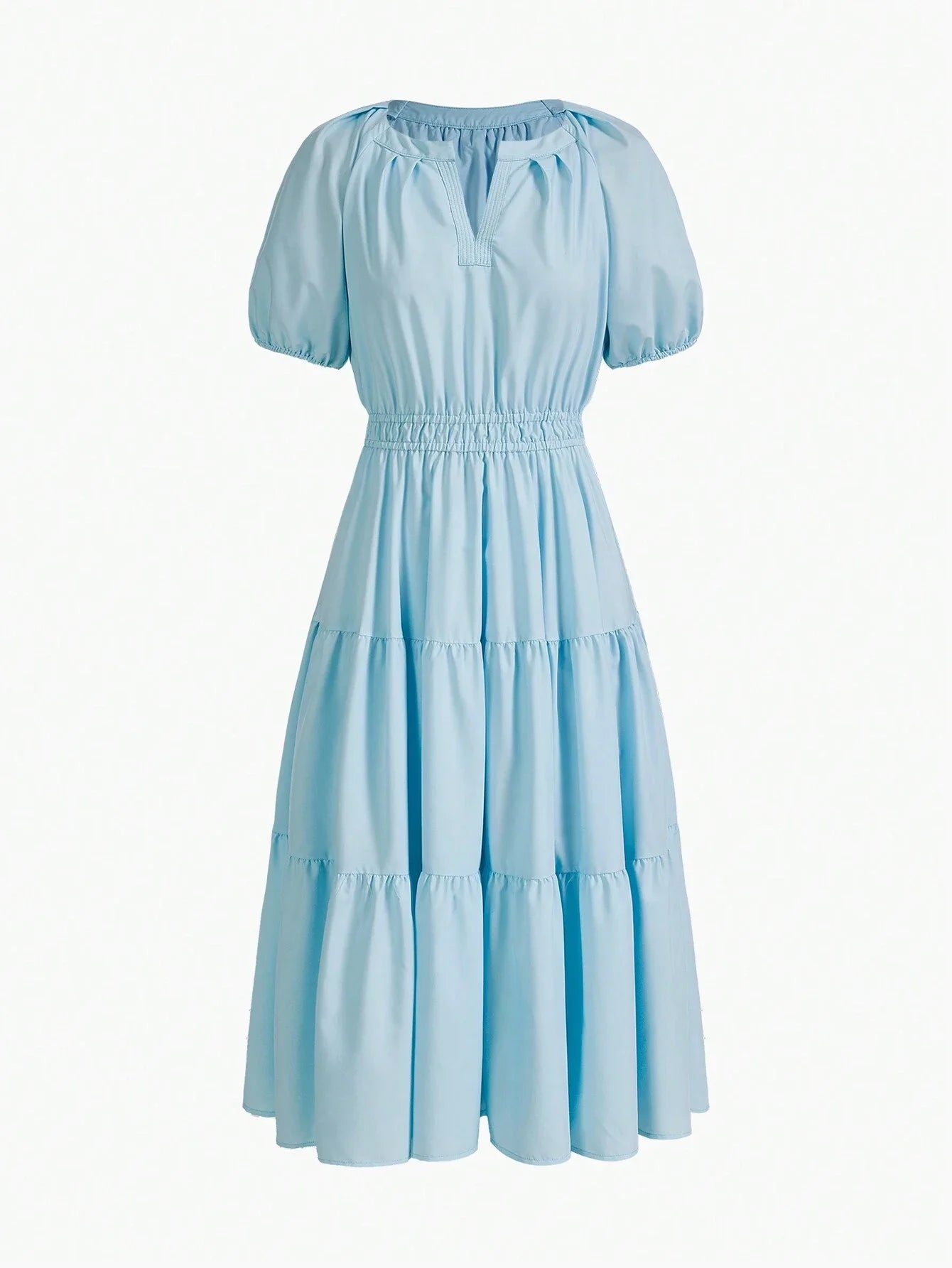 PREMIUM NOTCH NECK PUFF SLEEVE TIERED HEM DRESS