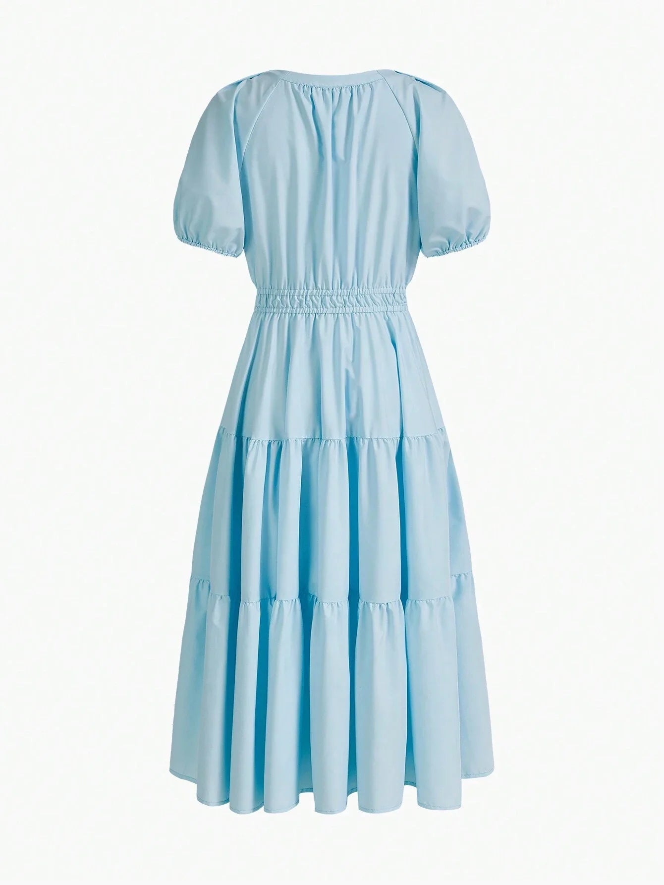 PREMIUM NOTCH NECK PUFF SLEEVE TIERED HEM DRESS