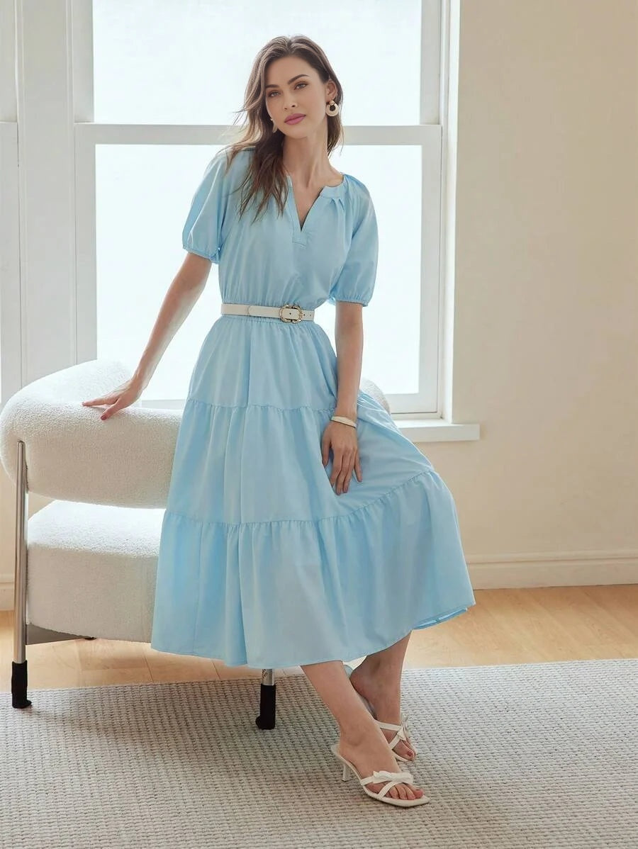 PREMIUM NOTCH NECK PUFF SLEEVE TIERED HEM DRESS