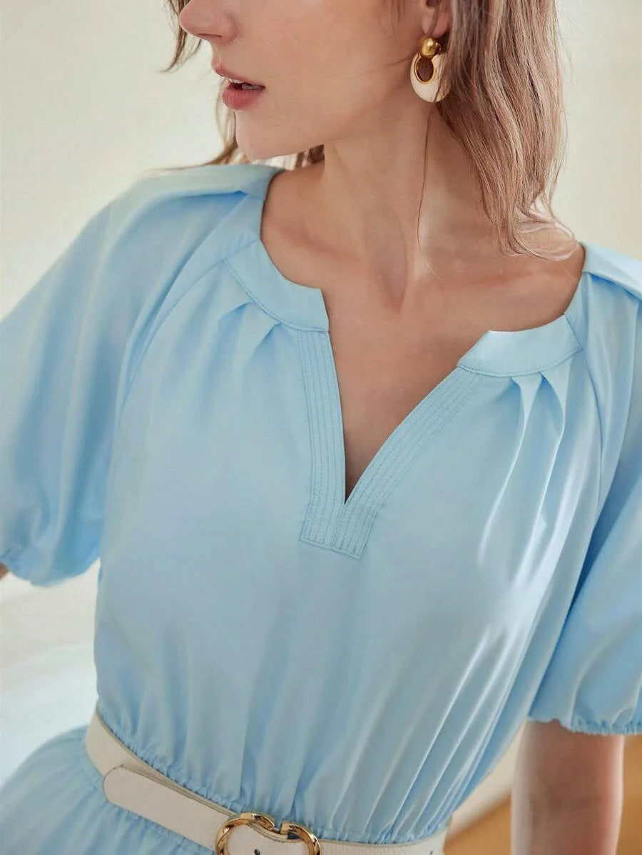 PREMIUM NOTCH NECK PUFF SLEEVE TIERED HEM DRESS