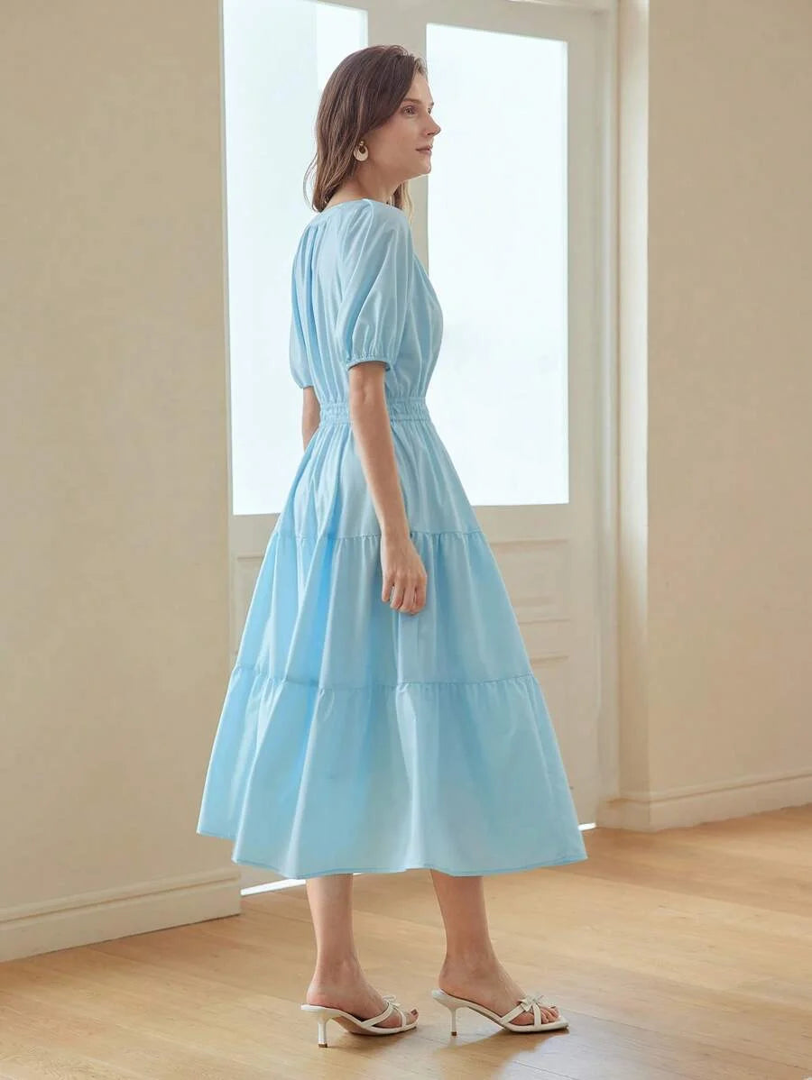 PREMIUM NOTCH NECK PUFF SLEEVE TIERED HEM DRESS