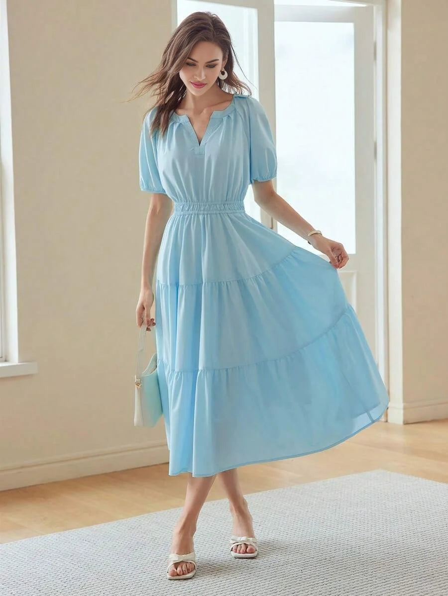 PREMIUM NOTCH NECK PUFF SLEEVE TIERED HEM DRESS