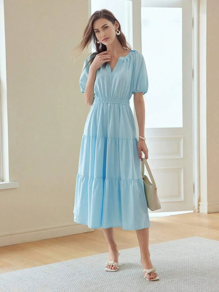 PREMIUM NOTCH NECK PUFF SLEEVE TIERED HEM DRESS