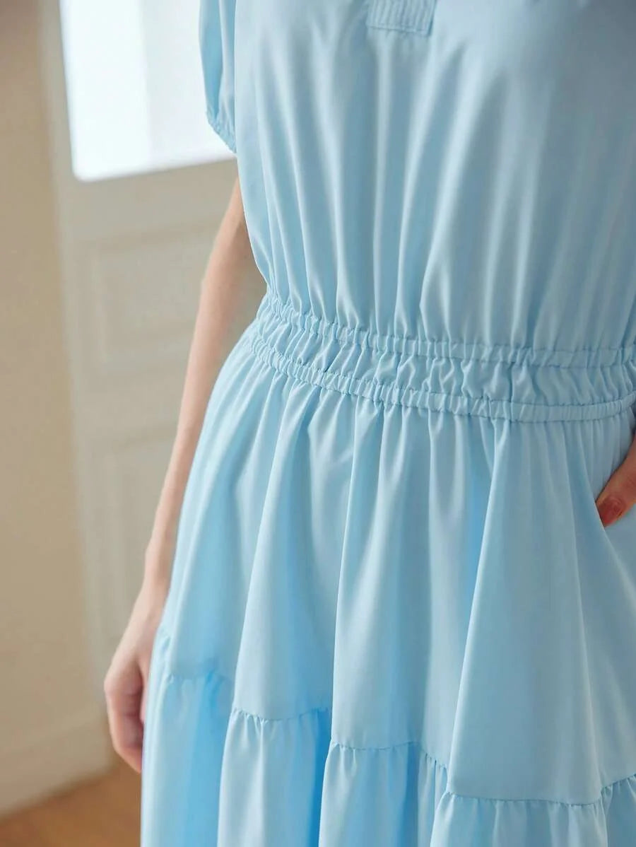 PREMIUM NOTCH NECK PUFF SLEEVE TIERED HEM DRESS