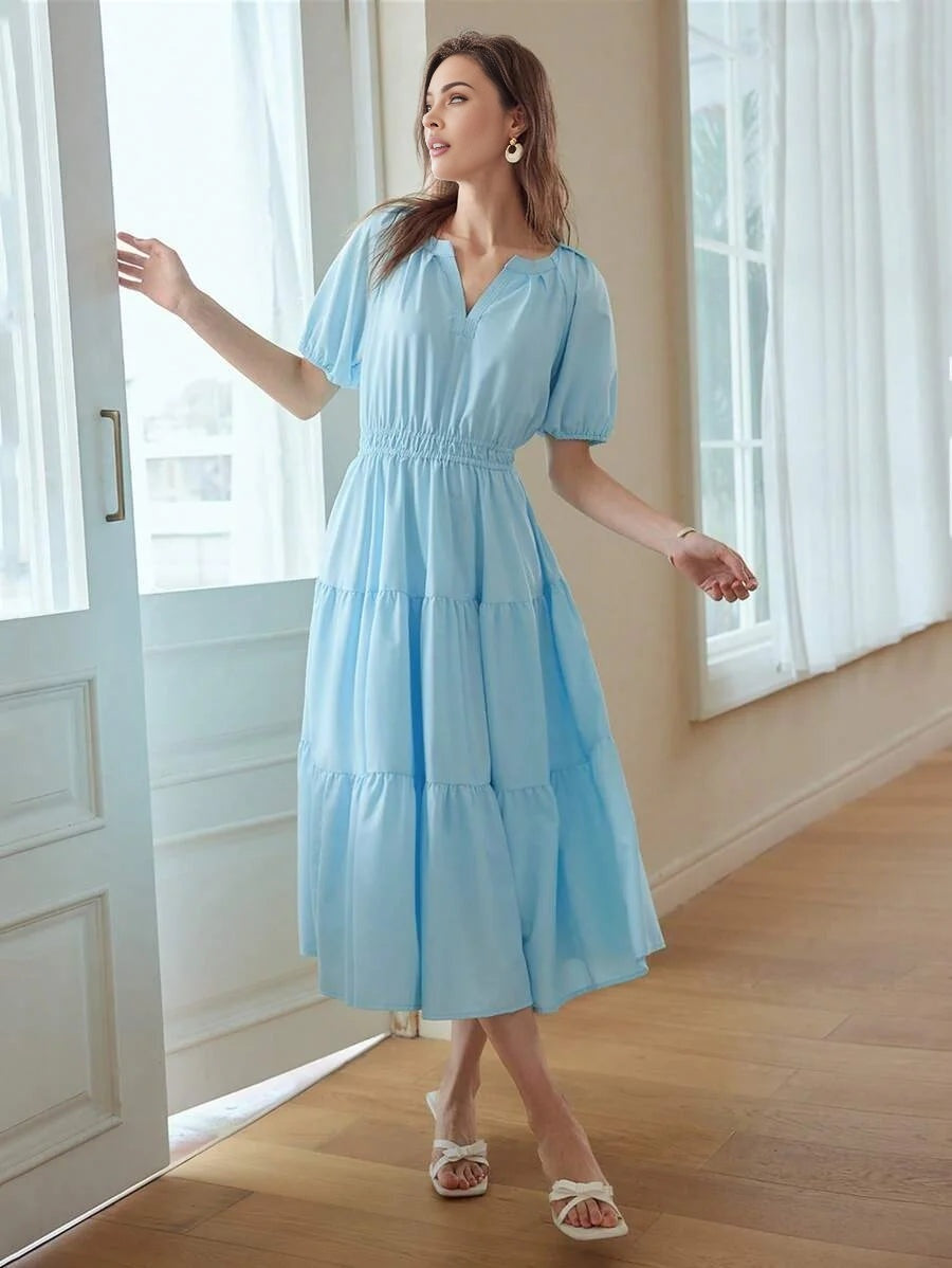 PREMIUM NOTCH NECK PUFF SLEEVE TIERED HEM DRESS
