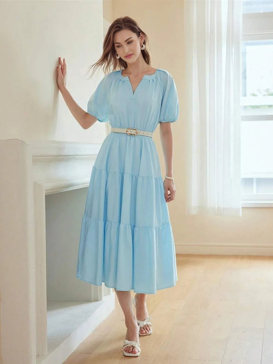 PREMIUM NOTCH NECK PUFF SLEEVE TIERED HEM DRESS