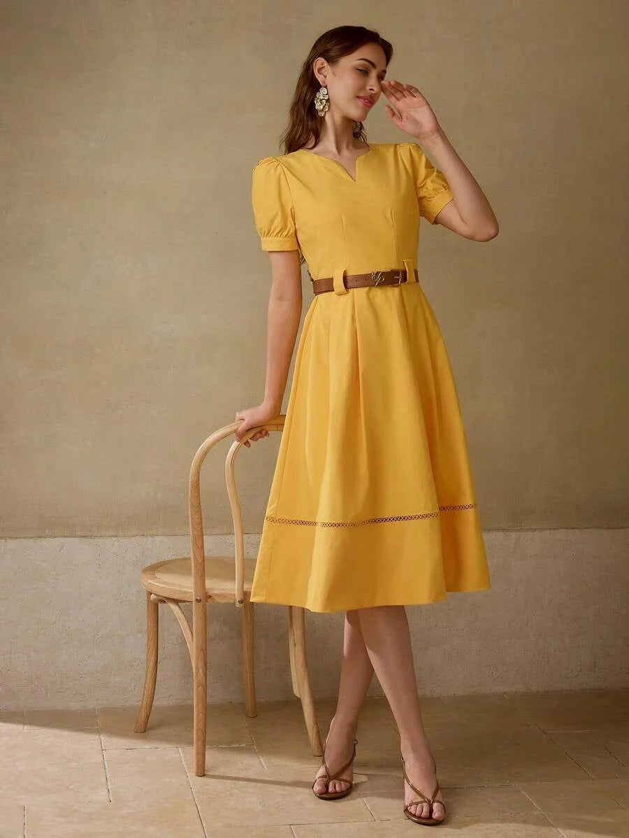 PREMIUM NOTCHED NECKLINE A LINE DRESS