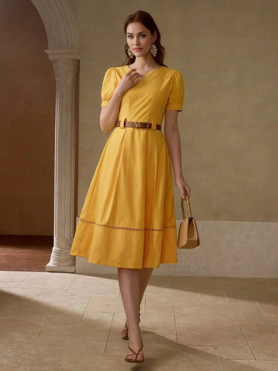 PREMIUM NOTCHED NECKLINE A LINE DRESS