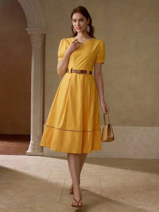 PREMIUM NOTCHED NECKLINE A LINE DRESS