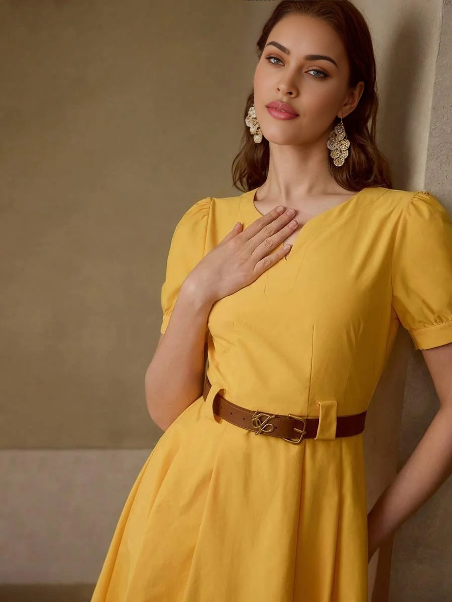 PREMIUM NOTCHED NECKLINE A LINE DRESS