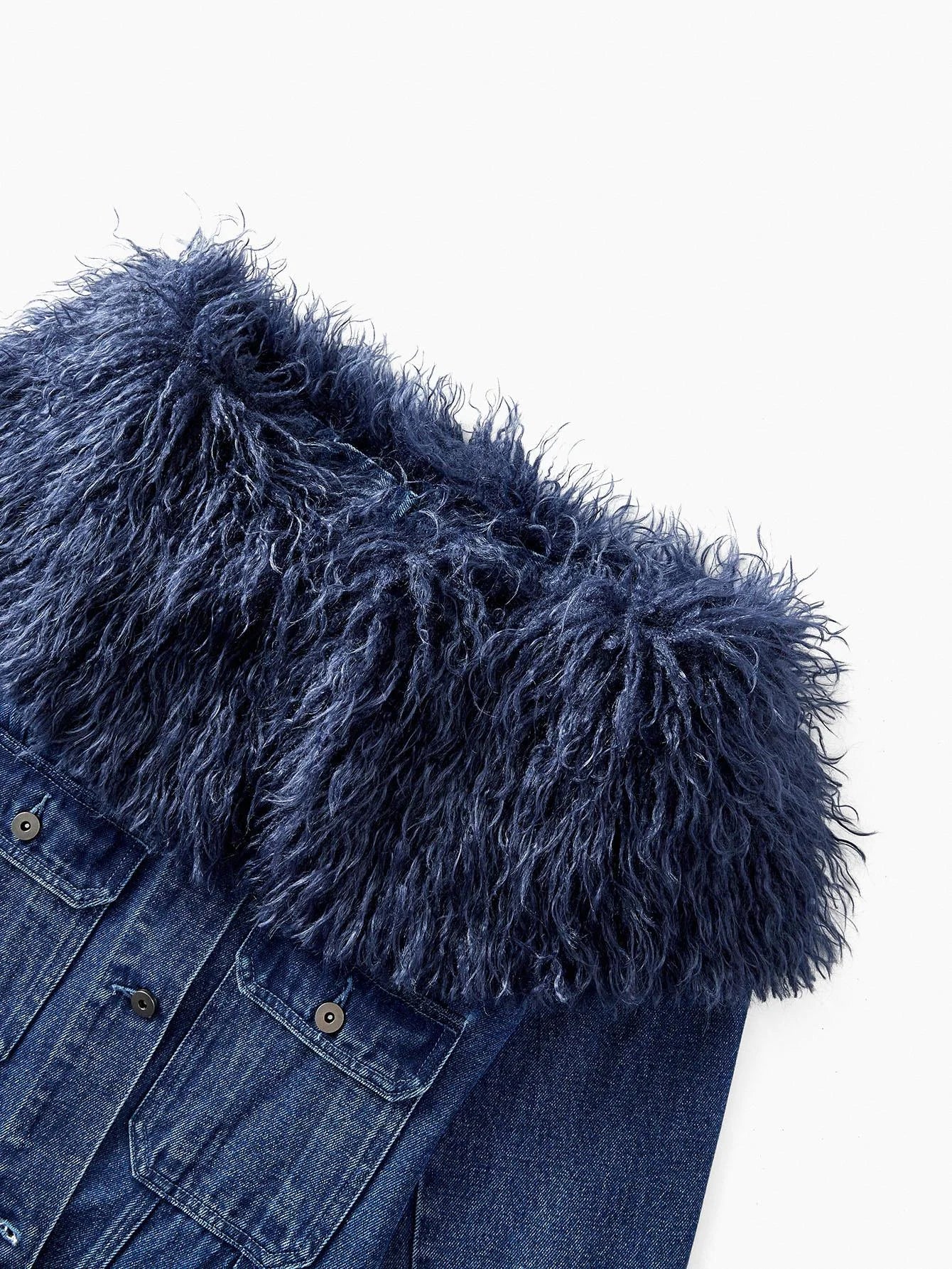 PREMIUM OFF SHOULDER CONTRAST FAUX FUR BELTED DENIM DRESS