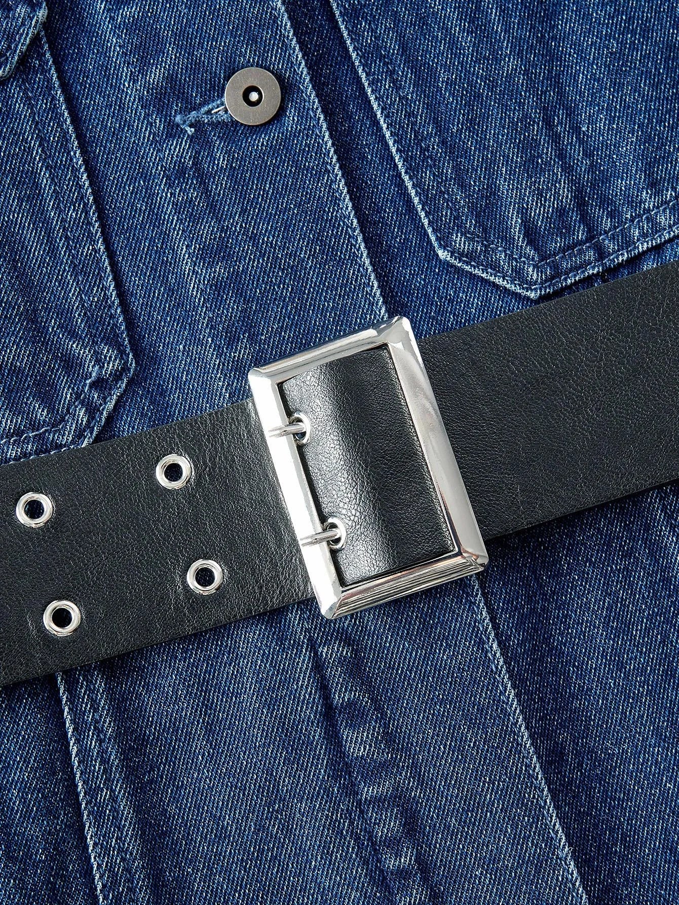 PREMIUM OFF SHOULDER CONTRAST FAUX FUR BELTED DENIM DRESS