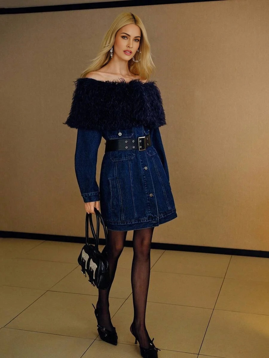 PREMIUM OFF SHOULDER CONTRAST FAUX FUR BELTED DENIM DRESS