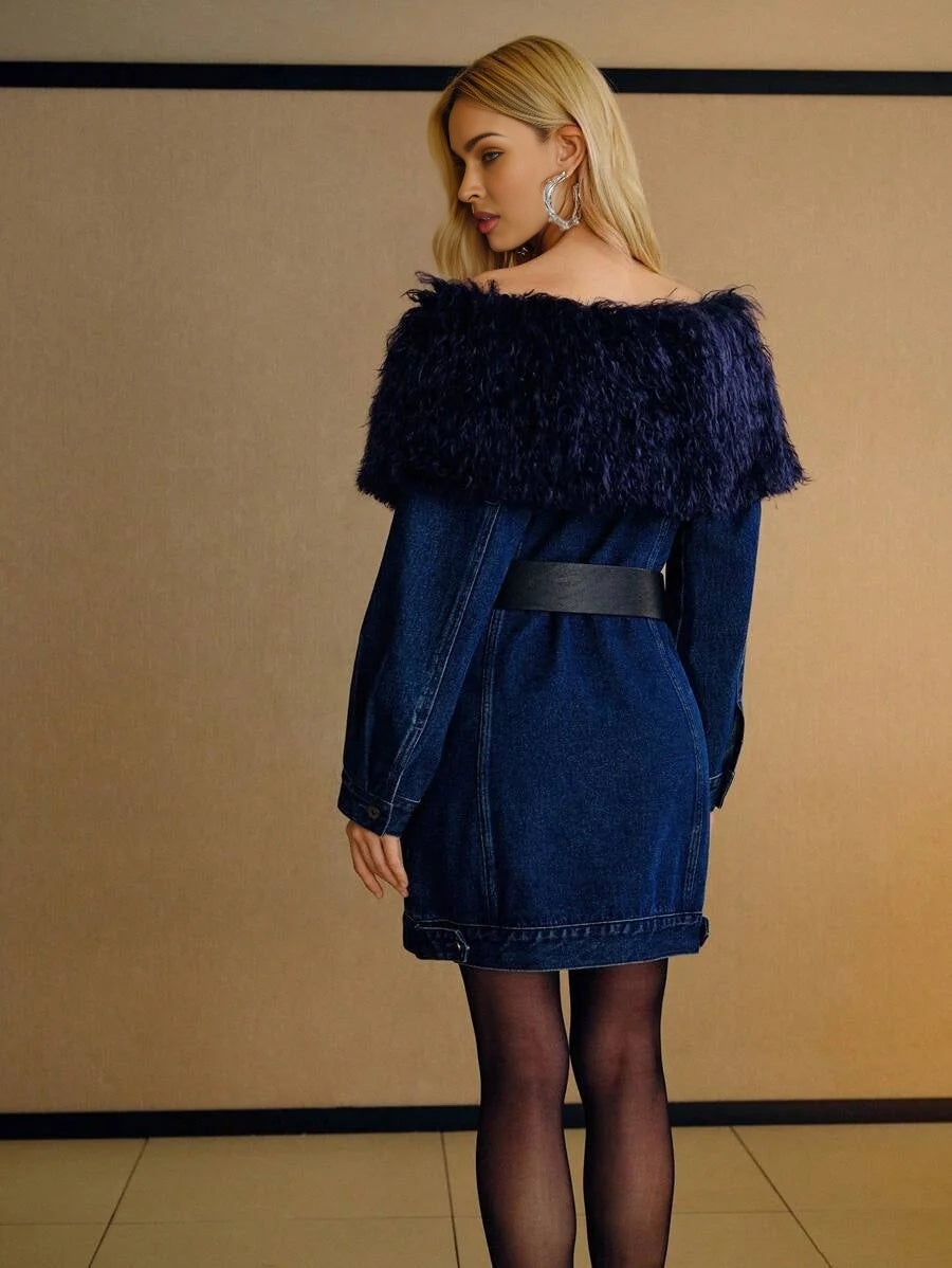 PREMIUM OFF SHOULDER CONTRAST FAUX FUR BELTED DENIM DRESS