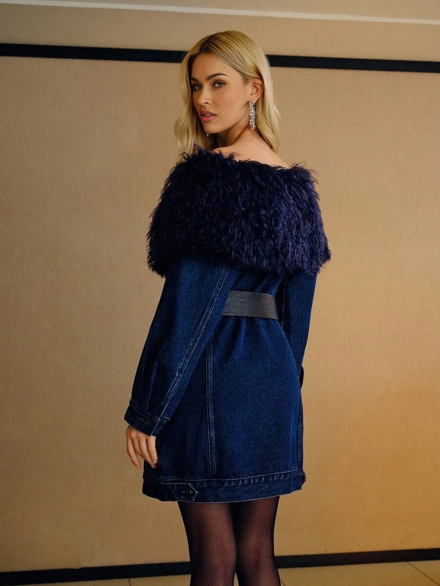 PREMIUM OFF SHOULDER CONTRAST FAUX FUR BELTED DENIM DRESS