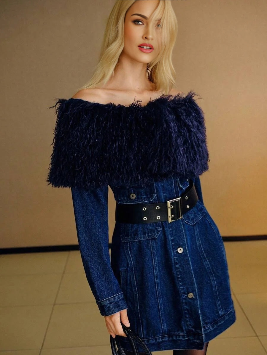 PREMIUM OFF SHOULDER CONTRAST FAUX FUR BELTED DENIM DRESS