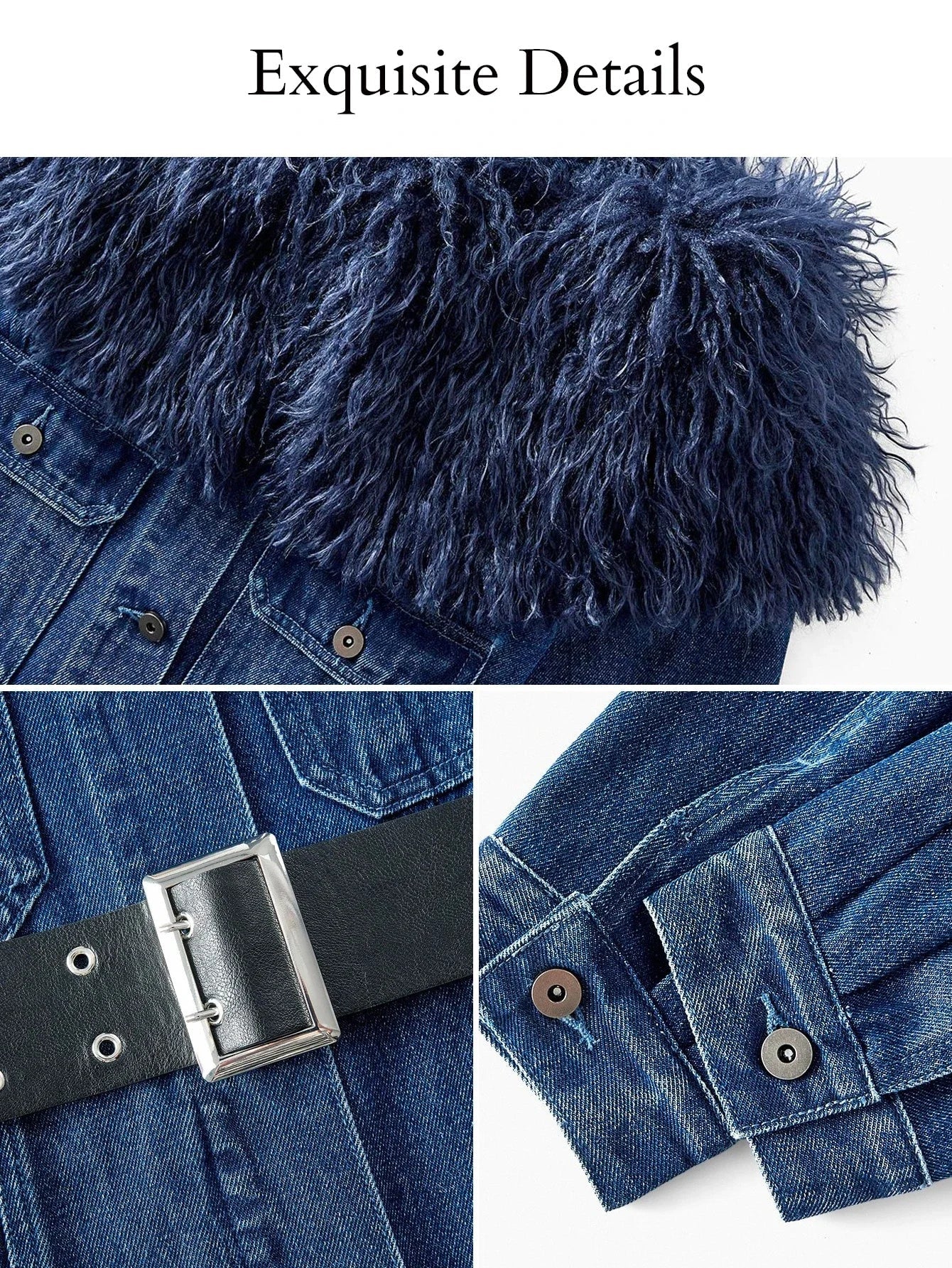 PREMIUM OFF SHOULDER CONTRAST FAUX FUR BELTED DENIM DRESS