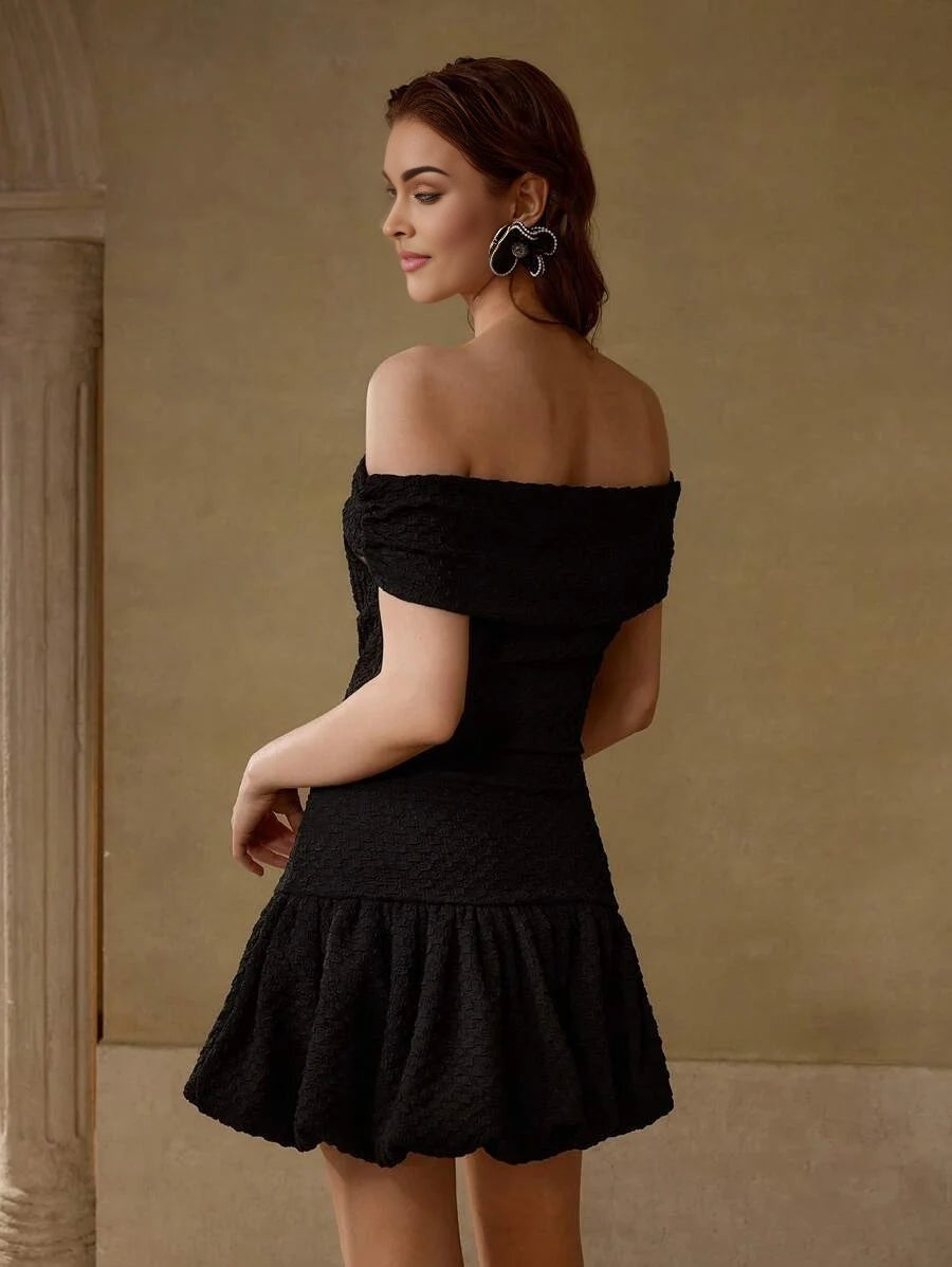 PREMIUM OFF SHOULDER RUFFLE HEM RUCHED DRESS