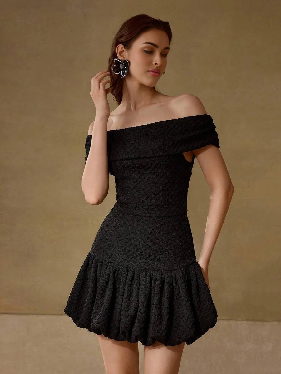 PREMIUM OFF SHOULDER RUFFLE HEM RUCHED DRESS