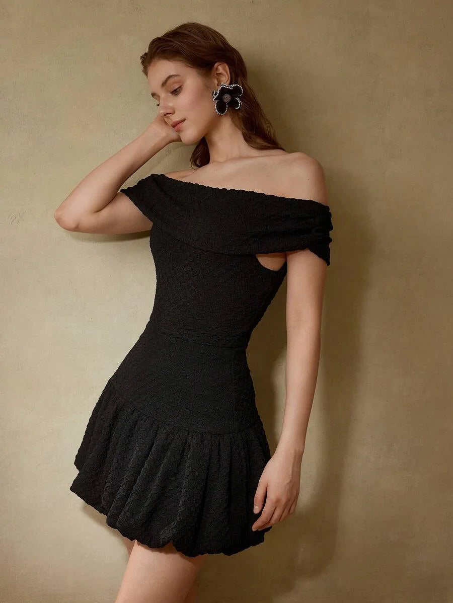 PREMIUM OFF SHOULDER RUFFLE HEM RUCHED DRESS