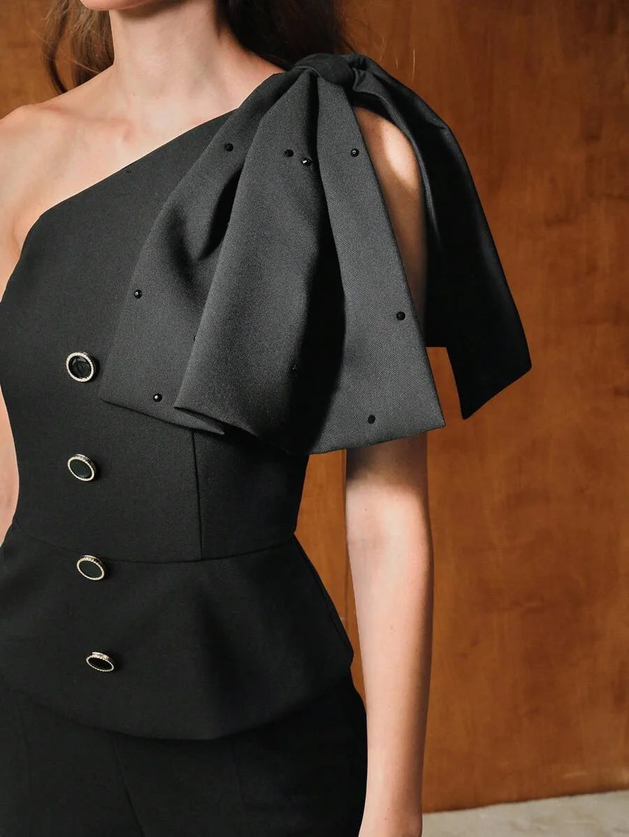 PREMIUM ONE SHOULDER BOW DECOR JUMPSUIT