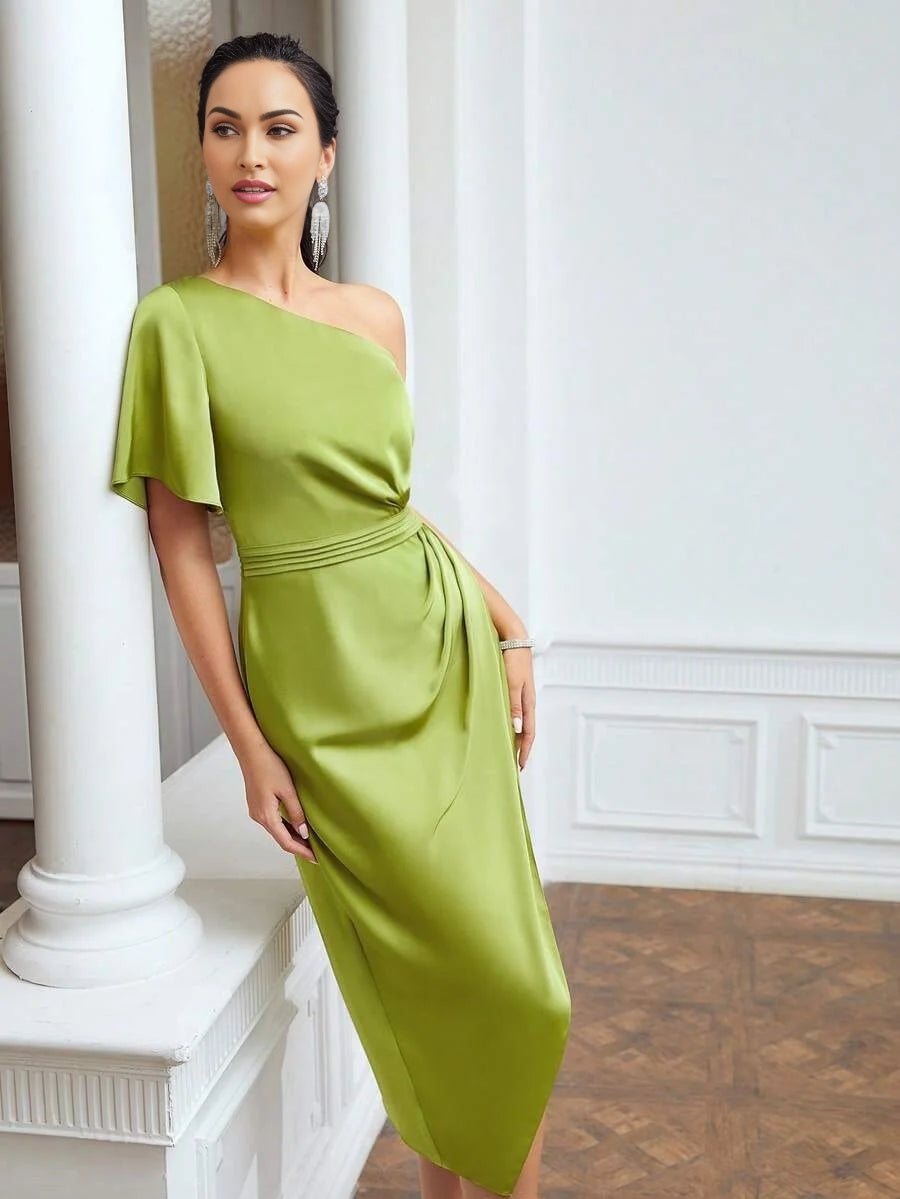 PREMIUM ONESHOULDER GATHERED DRESS
