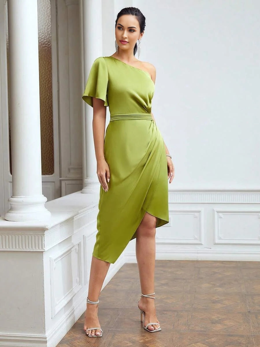 PREMIUM ONESHOULDER GATHERED DRESS