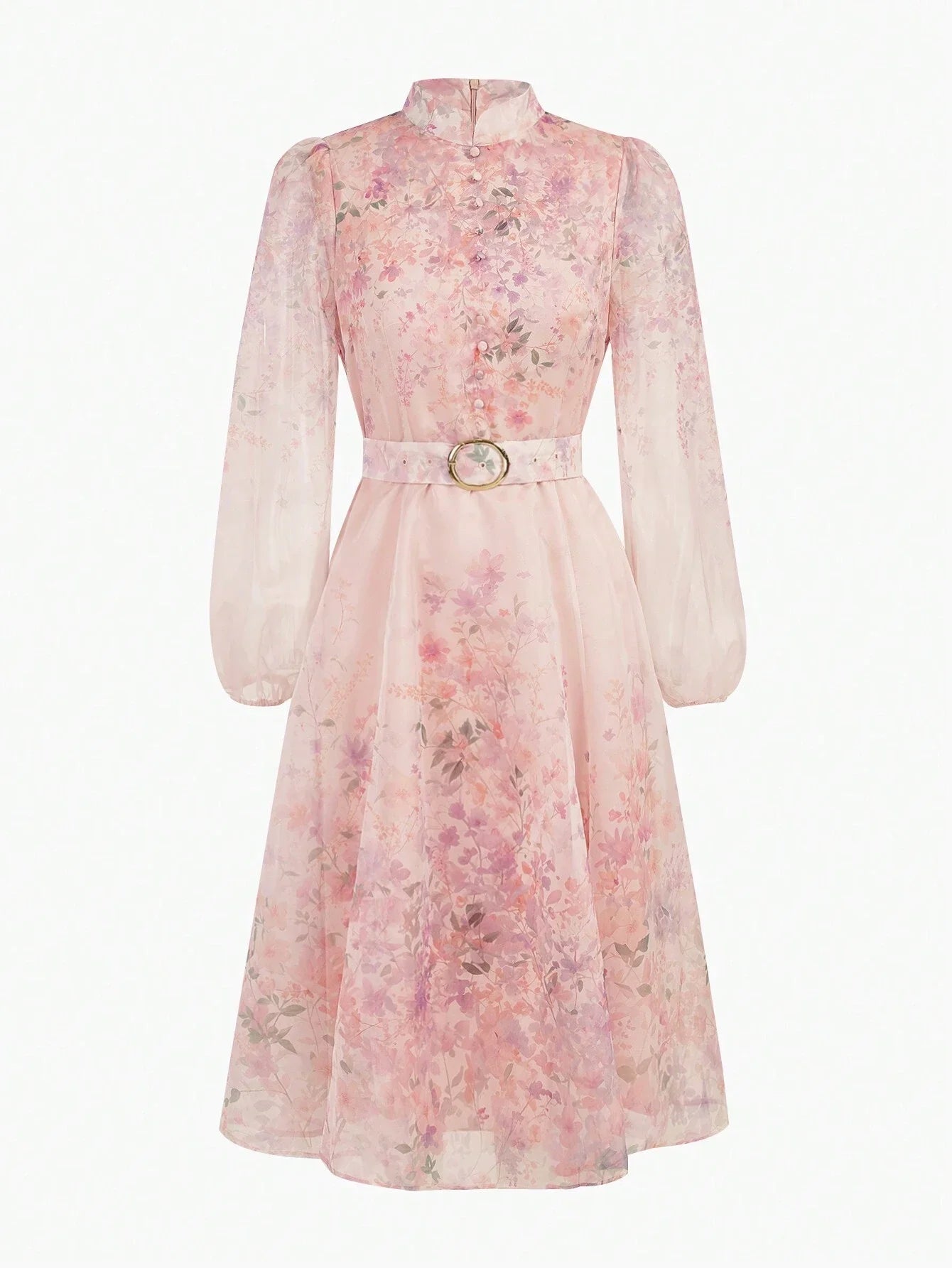 PREMIUM ORGANZA FLORAL PRINT BELTED DRESS