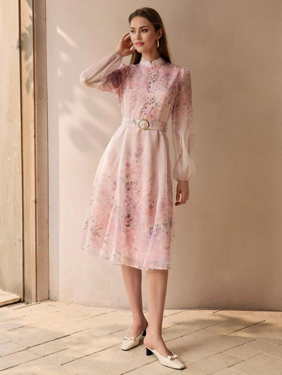 PREMIUM ORGANZA FLORAL PRINT BELTED DRESS
