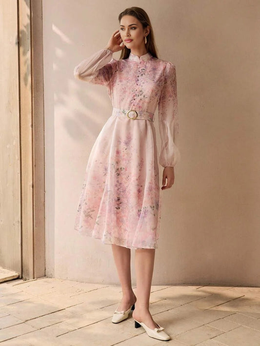 PREMIUM ORGANZA FLORAL PRINT BELTED DRESS