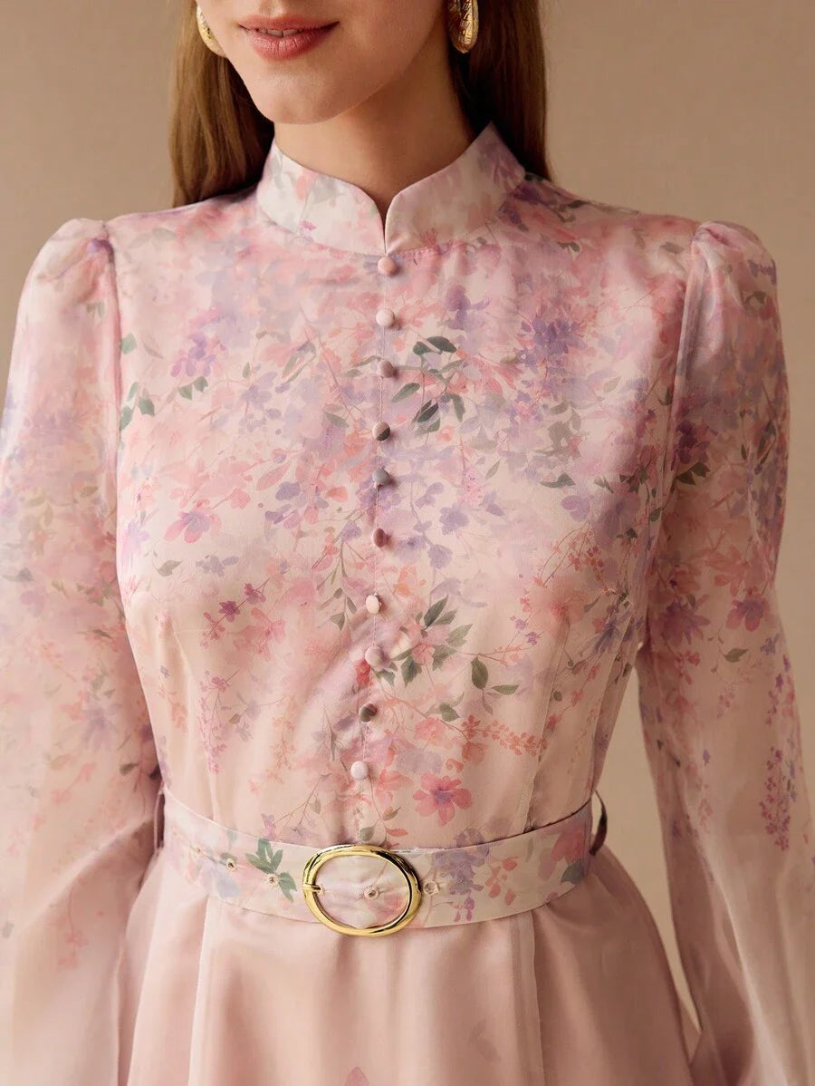 PREMIUM ORGANZA FLORAL PRINT BELTED DRESS