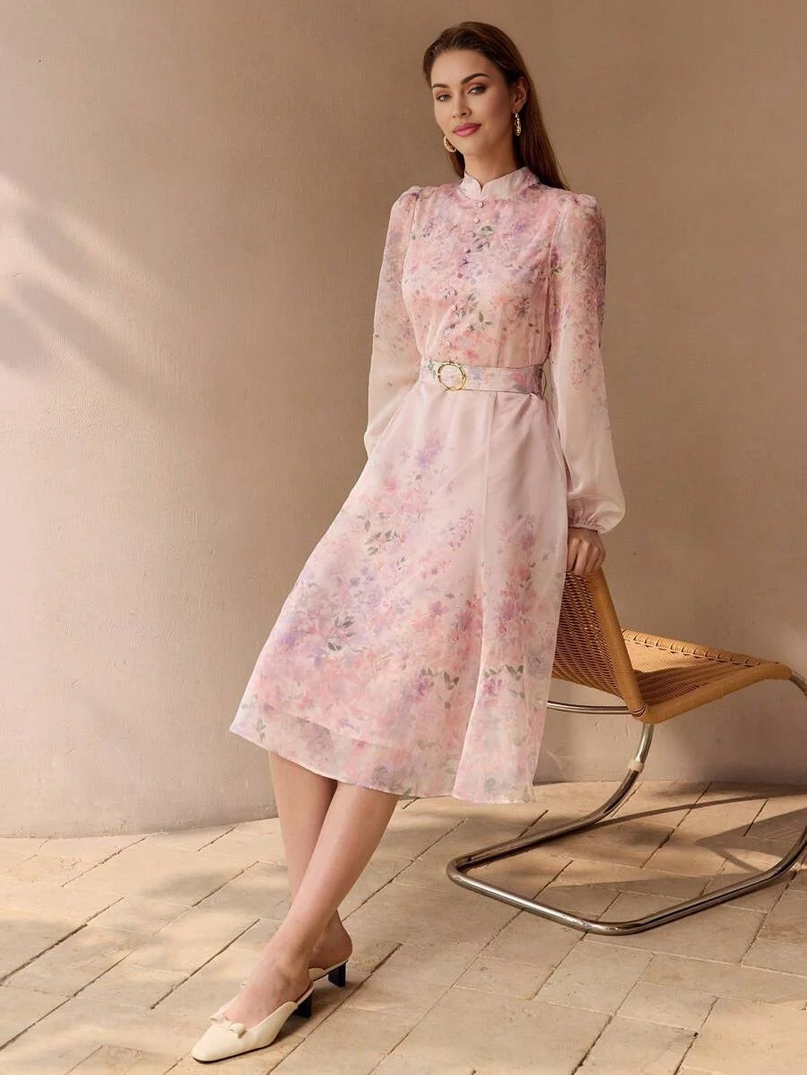 PREMIUM ORGANZA FLORAL PRINT BELTED DRESS