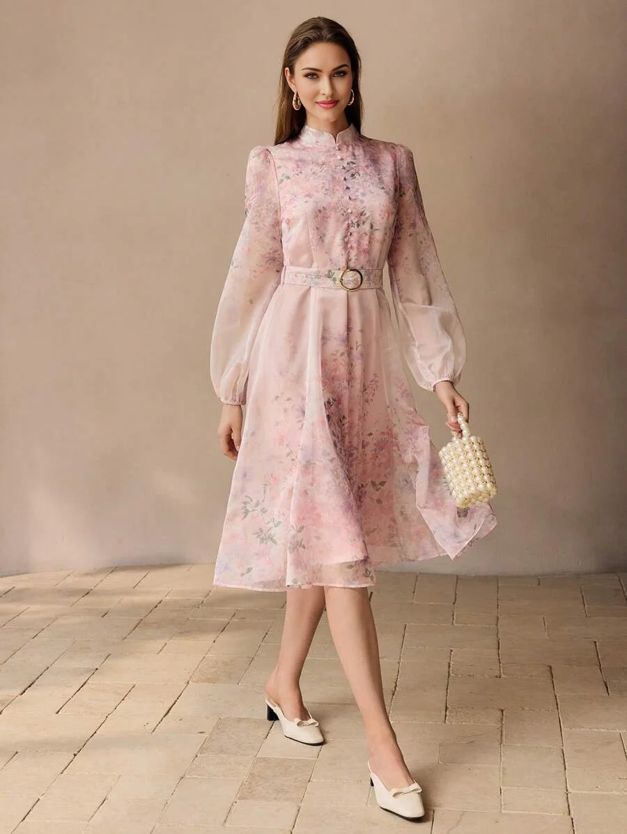 PREMIUM ORGANZA FLORAL PRINT BELTED DRESS